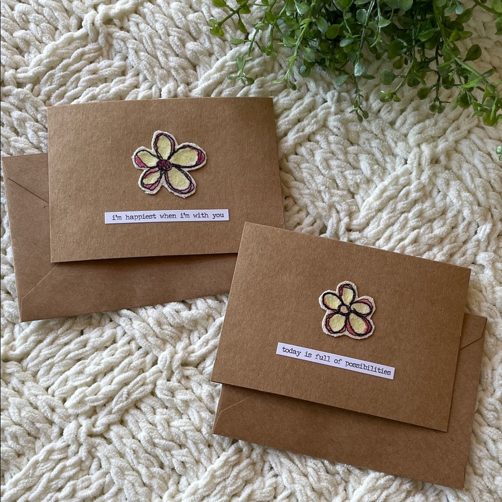 Handmade Greeting Cards Set of Two Whimsical Embroidered Flower